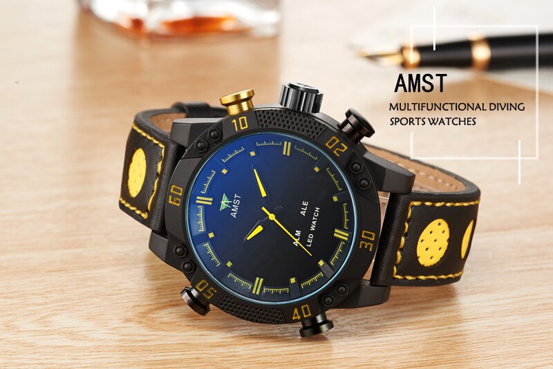 Sports Watch Men Waterproof Quartz Japan Movement Alloy Round Big Dial Leather Strap Man Watches LED Dual Display Clock AMST3016