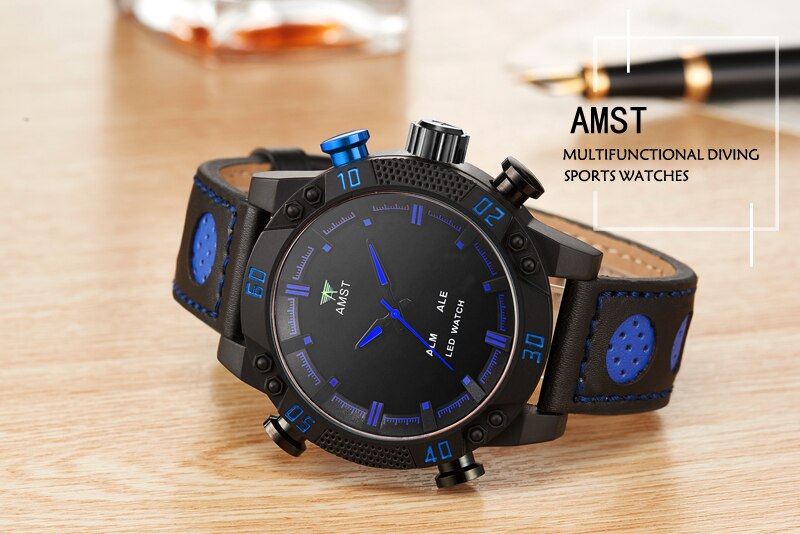 Sports Watch Men Waterproof Quartz Japan Movement Alloy Round Big Dial Leather Strap Man Watches LED Dual Display Clock AMST3016