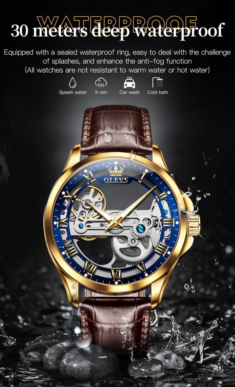 OLEVS Fashion Luxury Top Brand Automatic Mechanical Watch 30M Waterproof Watch Leather Skeleton Dial Men WatchRelogio Masculino