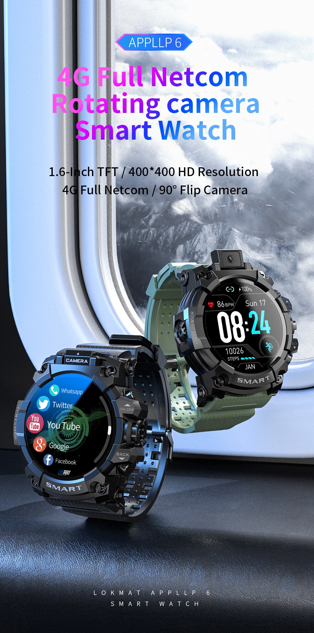 LOKMAT APPLLP 6 Smart Watch 4G Wifi 1.6“ Touch Screen Sports Smartwatches GPS with Video Phonecall Heart Rate Monitor Android 9