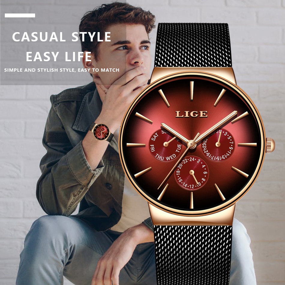 LIGE New Fashion Mens Watches Top Brand Luxury Quartz Watch Men Mesh Steel Waterproof Ultra-thin Wristwatch For Men Sport Clock