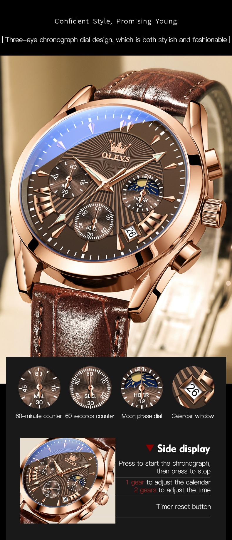 OLEVS 2876 Multifunctional Luxury Genuine Leather Strap Watches for Men Quartz Sport Waterproof Men Wristwatches Luminous