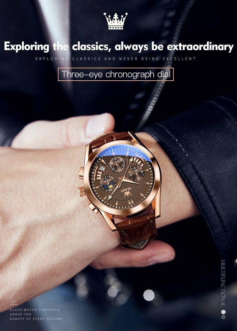 OLEVS 2876 Multifunctional Luxury Genuine Leather Strap Watches for Men Quartz Sport Waterproof Men Wristwatches Luminous