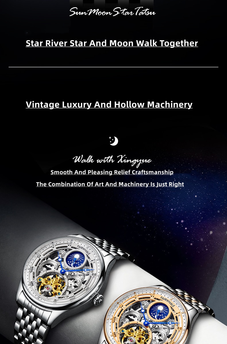 Mark Fairwhale 2022 New Luminous Waterproof Men's Watch Mechanical Watch Tourbillon Sun and Moon New Mechanical Watch