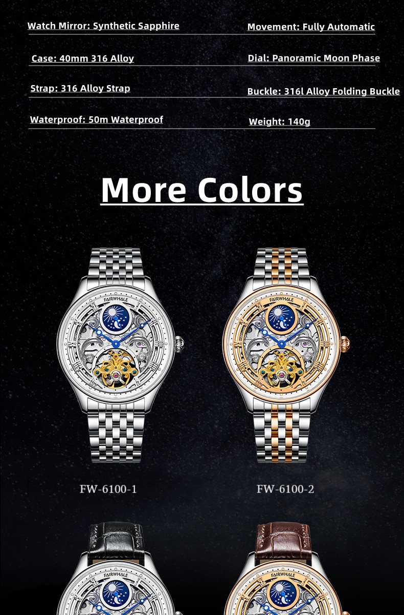 Mark Fairwhale 2022 New Luminous Waterproof Men's Watch Mechanical Watch Tourbillon Sun and Moon New Mechanical Watch