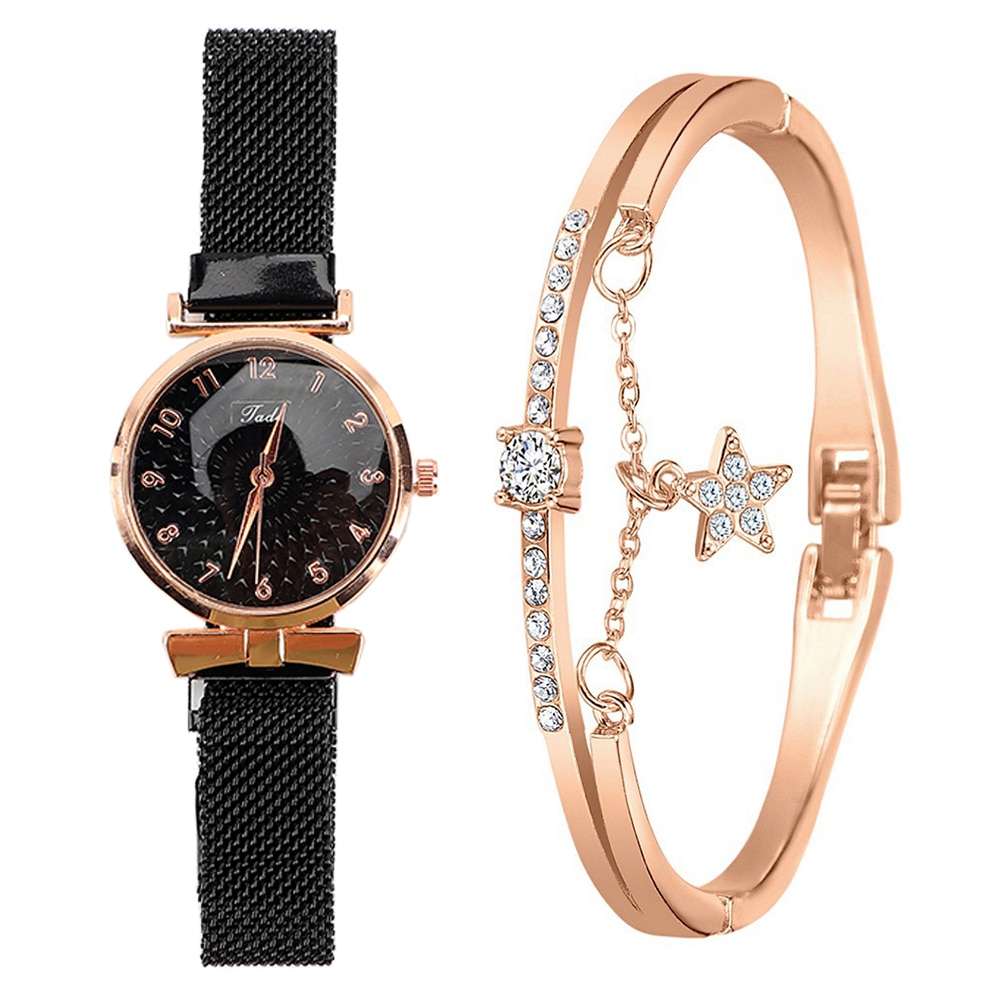 Fashion Women Watches Luxury Magnet Buckle Flower Rhinestone Watch Ladies Quartz Wrist Watch Bracelet Set Reloj Mujer