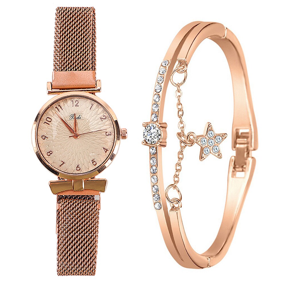 Fashion Women Watches Luxury Magnet Buckle Flower Rhinestone Watch Ladies Quartz Wrist Watch Bracelet Set Reloj Mujer