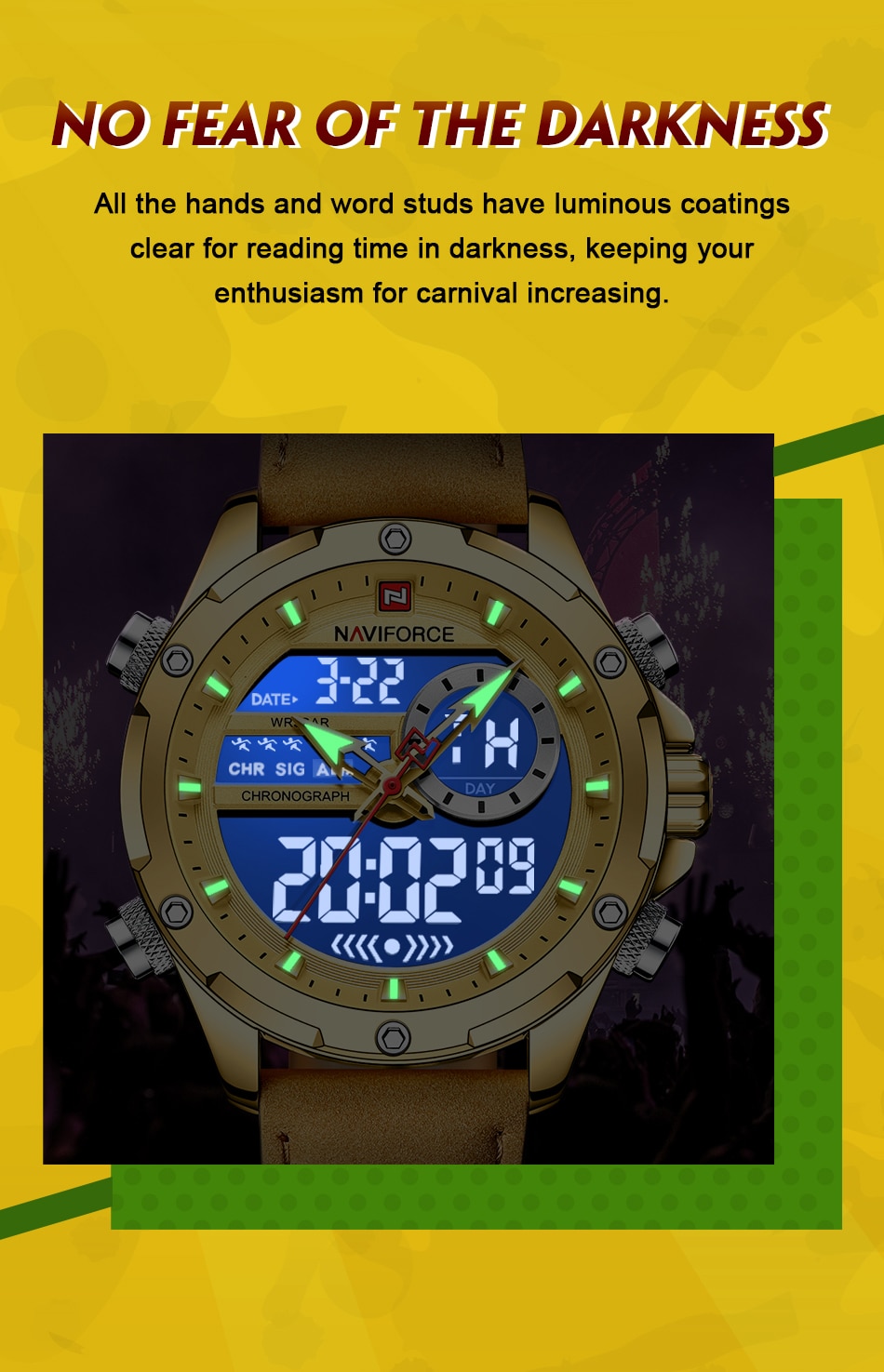 NAVIFORCE Luxury Gold Watches For Men Casual Sports Chronograph Alarm Quartz Wrist Watch Leather Waterproof Digital Clock 9163