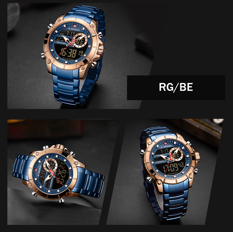 NAVIFORCE Luxury Original Men Sports Wrist Watch Gold Quartz Steel Waterproof Dual Display Clock Watches Relogio Masculino 9163