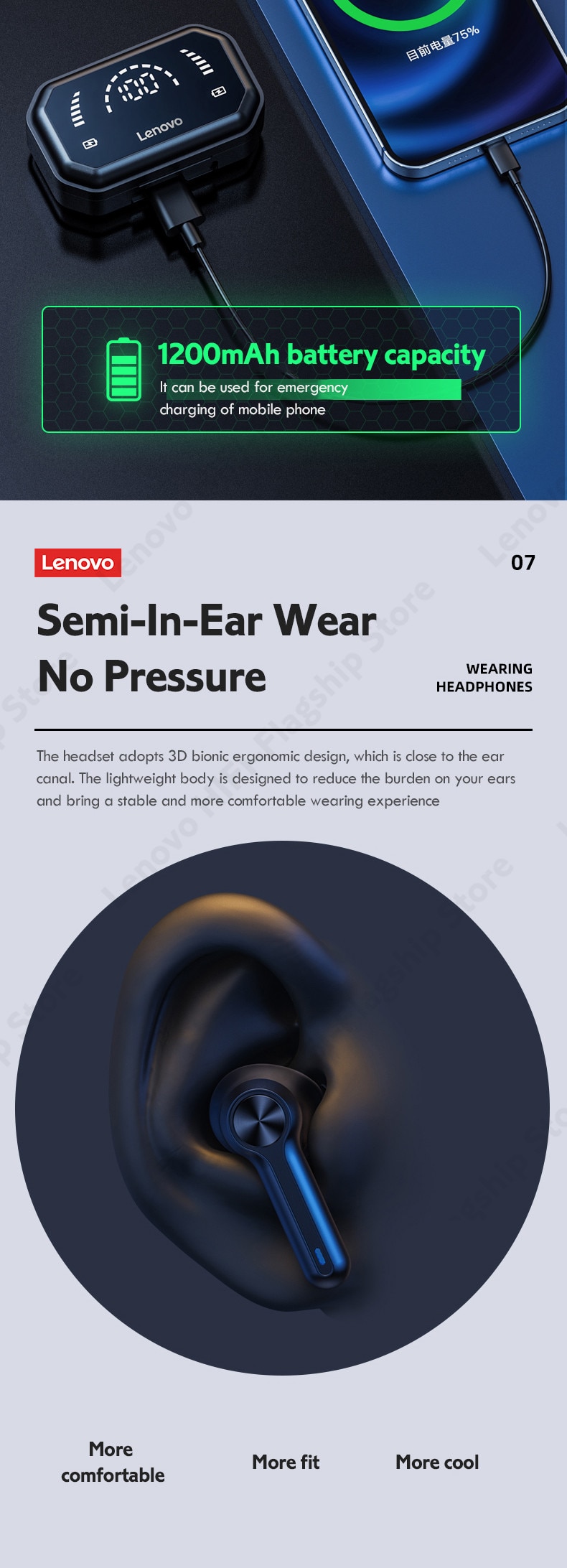 Lenovo LP3 PRO TWS Bluetooth 5.0 Headphone 1200mAh Large Capacity Battery Wireless Earphone HIFI Music Headset with Display