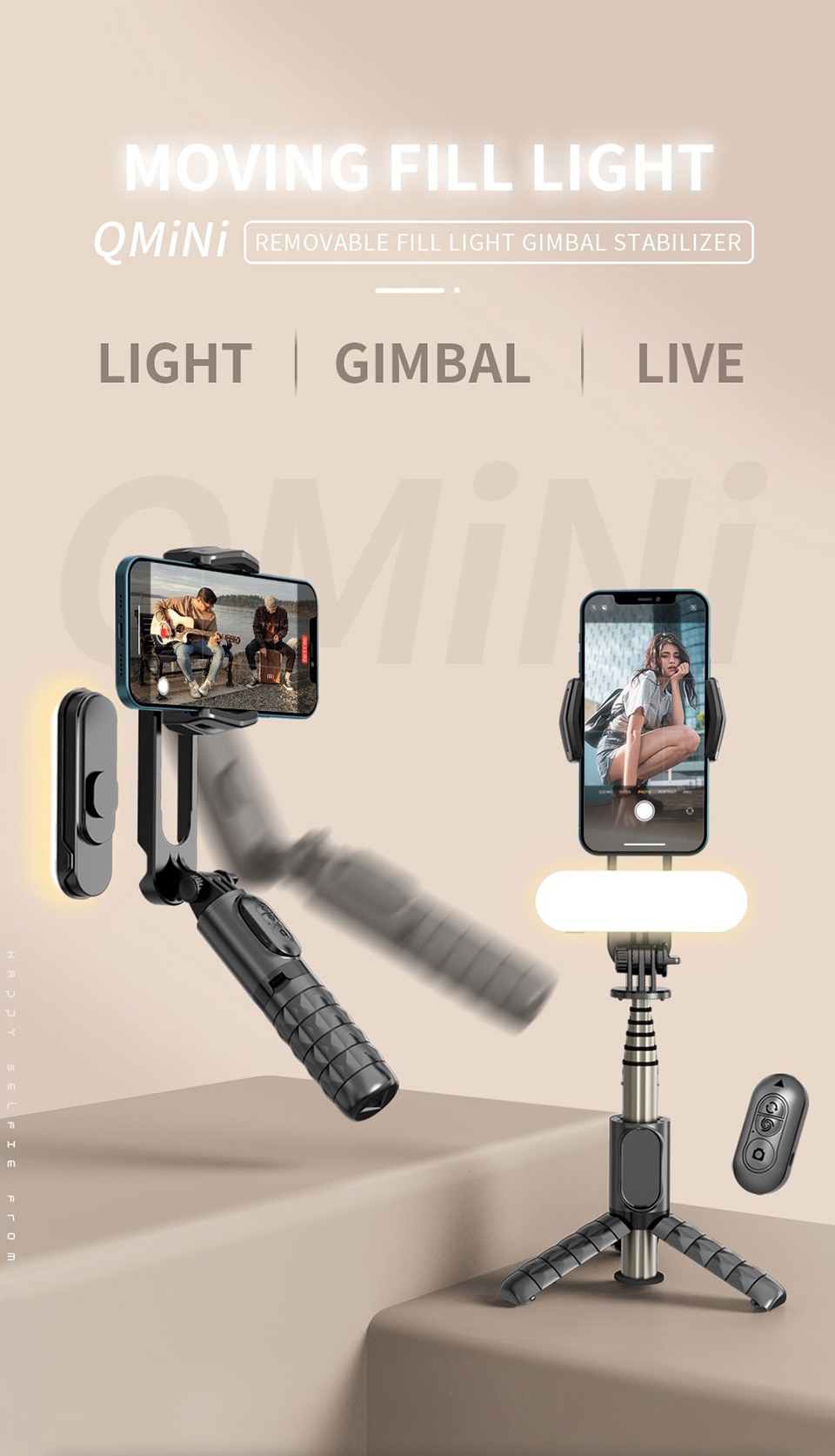 FANGTUOSI Q09 Wireless Bluetooth Selfie Stick Tripod Handheld Gimbal Stabilizer Monopod With fill light shutter for IOS Android