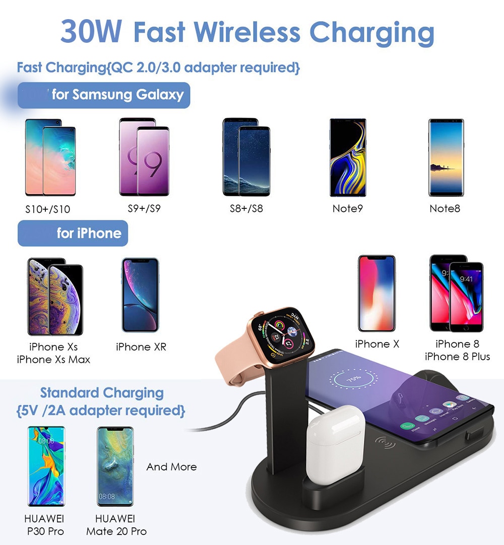 30W 7 in 1 Wireless Charger Stand Pad For iPhone 14 13 12 X Apple Watch Qi Fast Charging Dock Station for Airpods Pro iWatch 7 6
