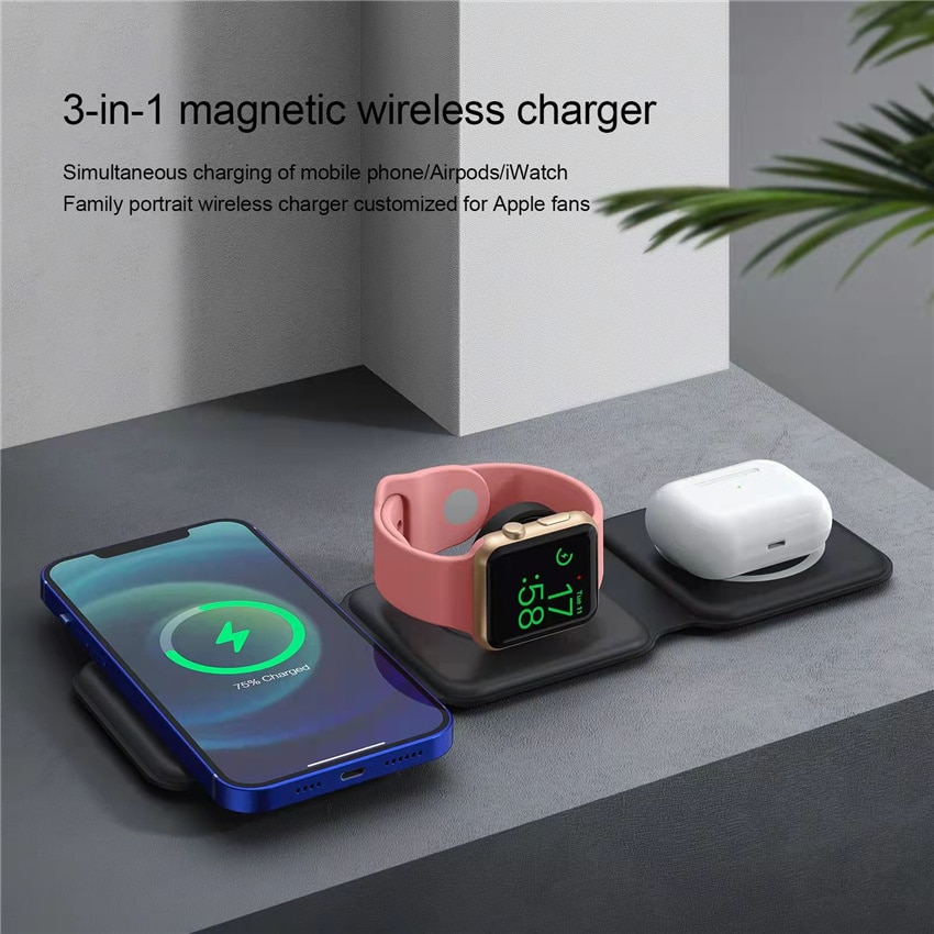 30W 3 in 1 Magnetic Wireless Charger Stand Pad Foldable for iPhone 13 12 11 Pro Max Airpods Pro iWatch 7 6 Fast Charging Station