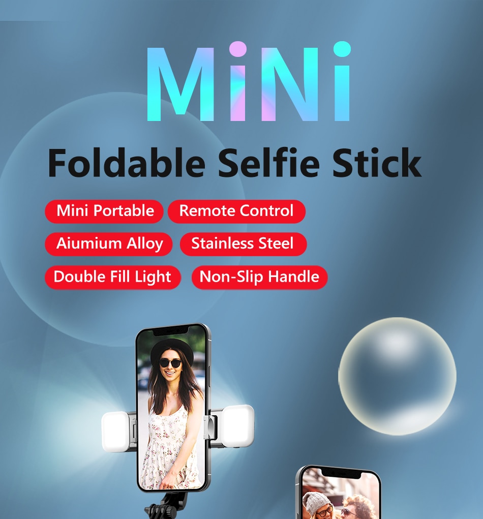 Double Fill Light Selfie Stick Tripod with Wireless Remote, Mini Extendable 4 in 1 Monopod - 360° Rotation Phone Stand Holder