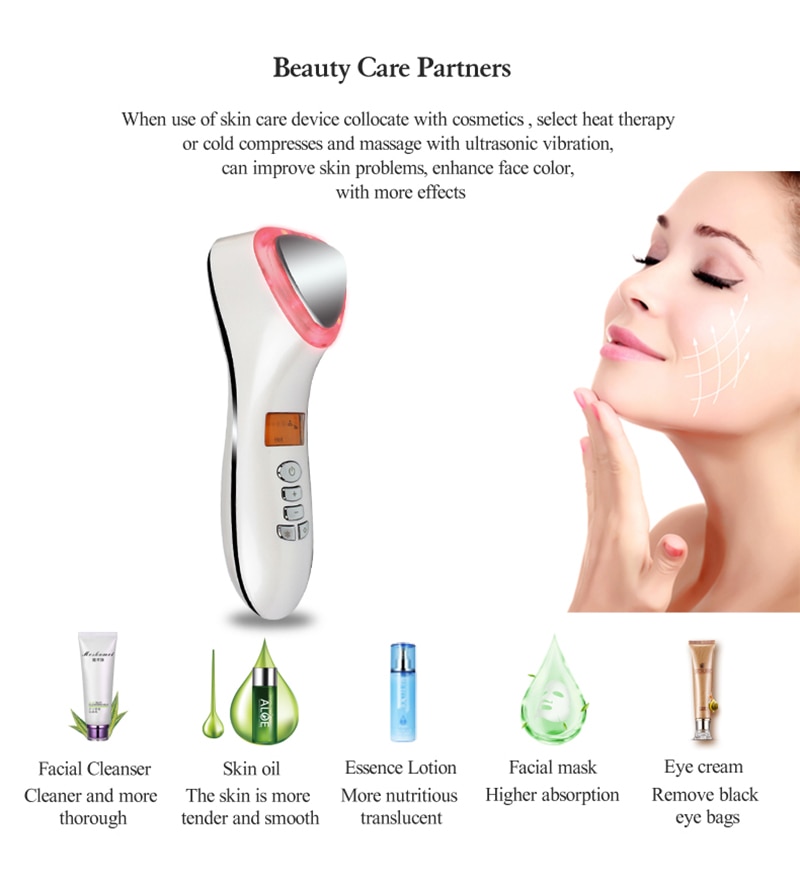 LED Hot Cold Face Skin Care Device Massager Hammer Ultrasonic Cryotherapy Facial Vibration Red Blue Light Ion Beauty Instrument
