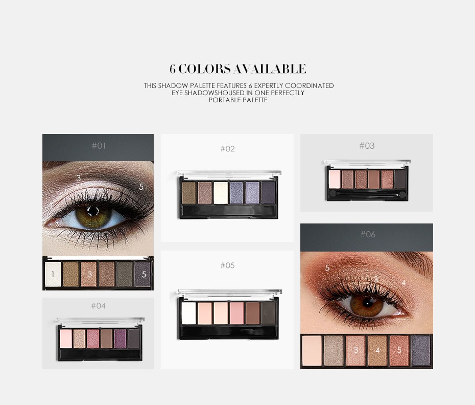 FOCALLURE 6 Colors Eyeshadow Palette Glamorous Smokey Eye Shadow Shimmer Glitter Smooth Creamy Powder Makeup Cosmetic