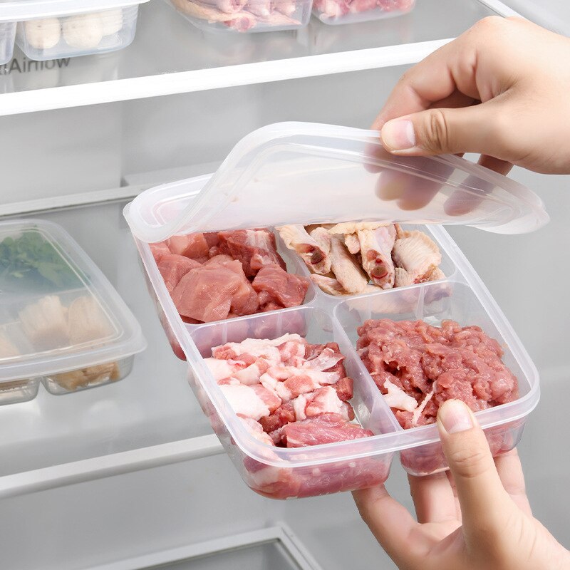 4 Grids Food Preparation Storage Box Compartment Refrigerator Freezer Organizers Sub-Packed Meat Onion Ginger Dishes Crisper