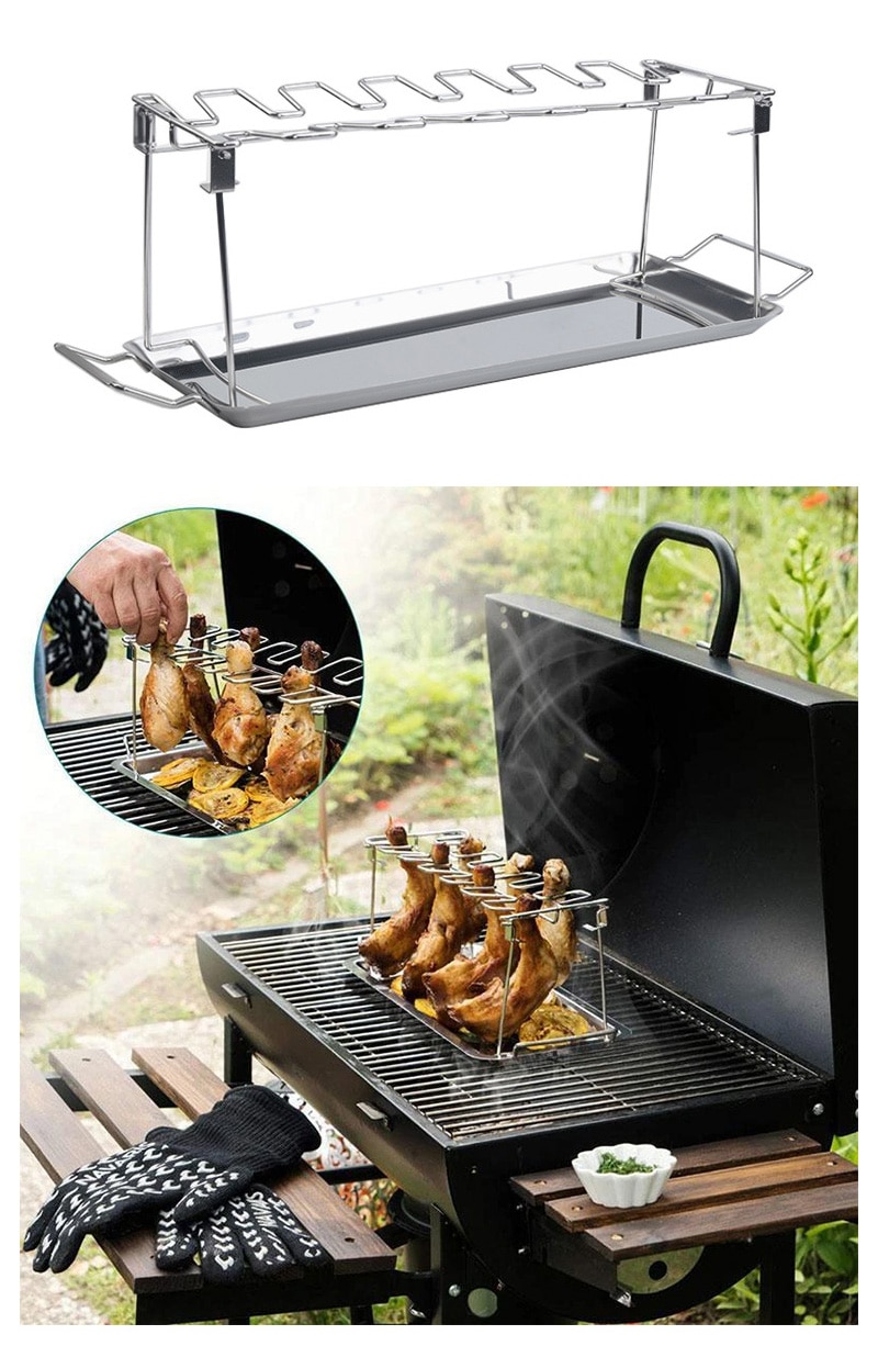 BBQ Beef Chicken Leg Wing Grill Rack 14 Slots Stainless Steel Barbecue Drumsticks Holder Oven Roaster Stand with Drip Pan Tools