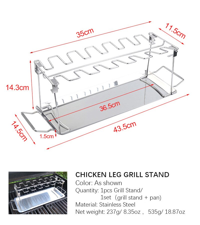 BBQ Beef Chicken Leg Wing Grill Rack 14 Slots Stainless Steel Barbecue Drumsticks Holder Oven Roaster Stand with Drip Pan Tools