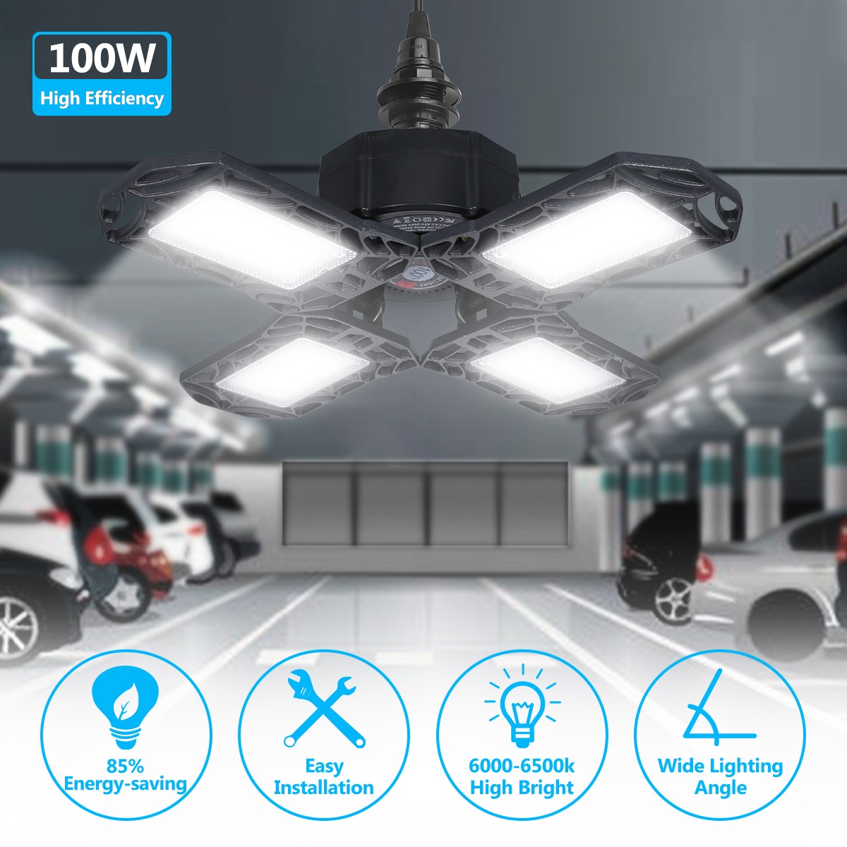 LED Garage Light 360 Degrees 100W Triple Garage Light Glow Deformable Light Indoor Garage Light Premium 10000 Lumens LED Light