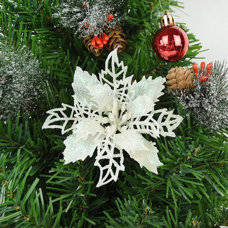5pcs 9-16cm Glitter Artifical Christmas Flowers Christmas Tree Decorations for Home Fake Flowers Xmas Ornaments New Year Decor